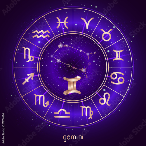 Zodiac sign and constellation GEMINI with Horoscope circle and sacred symbols on the starry night sky background with geometry pattern. Vector illustrations in purple color. Gold elements.