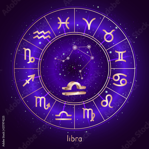 Zodiac sign and constellation LIBRA with Horoscope circle and sacred symbols on the starry night sky background with geometry pattern. Vector illustrations in purple color. Gold elements.
