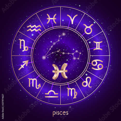 Zodiac sign and constellation PISCES with Horoscope circle and sacred symbols on the starry night sky background with geometry pattern. Zodiac sign Vector illustrations in purple color. Gold elements.