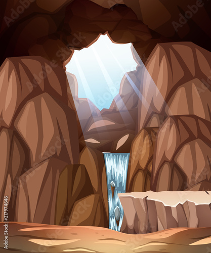 Fototapeta Cave scene with skylight and waterfall