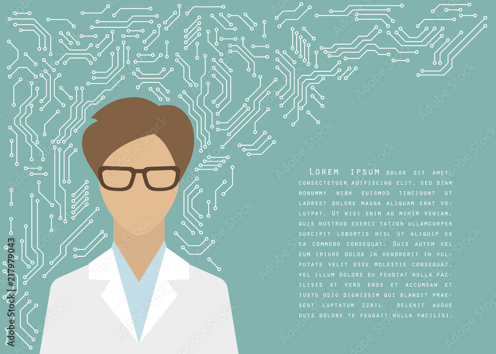 Female doctor on the printed circuit board microchip lines, vector Female doctor on the printed circuit board microchip lines, vector