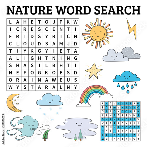 Learn English with a nature word search game for kids. Vector illustration.