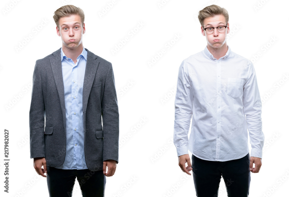 Young handsome blond business man wearing different outfits puffing cheeks with funny face. Mouth inflated with air, crazy expression. Young handsome blond business man wearing different outfits puffing cheeks with funny face. Mouth inflated with air, crazy expression.