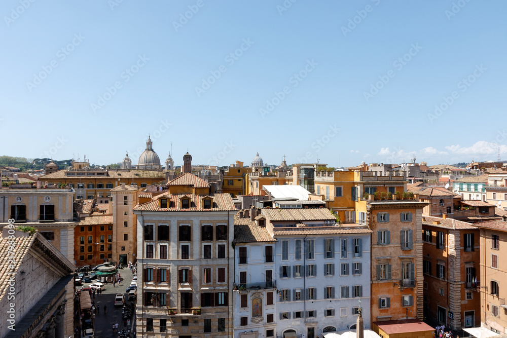 Aerial view of Rome, Italy, near the Pantheon with roof tops and church domes