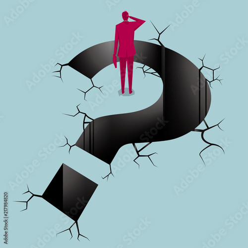 Businessman stands next to the trap,the trap is a question mark shape.The background is blue.