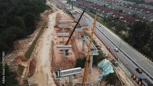 Fly through construction of bridges. Construction of Bridge using method of crane lifting. photo