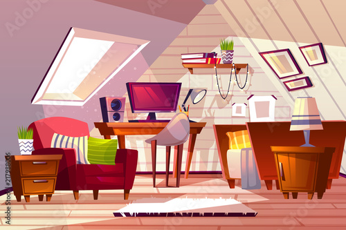 Attic room interior vector illustration. Cartoon garret design background of girl bedroom or living room furniture with window in roof, computer on table and chair with bed and bookshelf