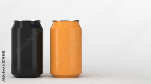 Two small black and orange aluminum soda cans mockup on white background