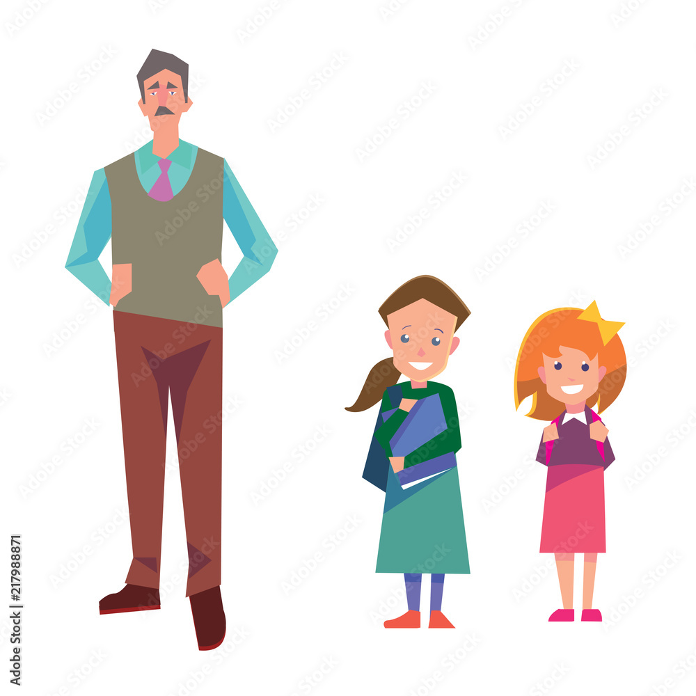 Flat style education illustration with teacher and students isolated on white. Vector school people collection.