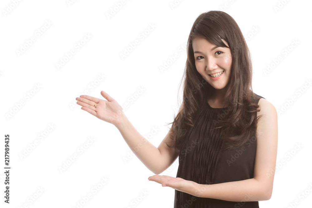 smiling, happy, positive woman with pointing hand gesture, concept of showing, presenting, advertising on isolated blank space. Asian business woman smiling. smiling, happy, positive woman with pointing hand gesture, concept of showing, presenting, advertising on isolated blank space. Asian business woman smiling.