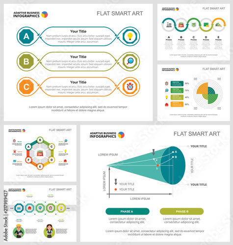 Colorful finance and research concept infographic charts set. Business design elements for presentation slide templates. Can be used for annual report, advertising, flyer layout and banner design.