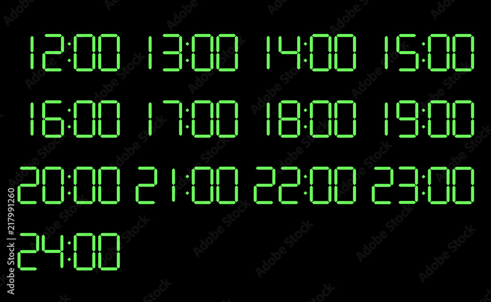 デジタル時計１２時 ２４時 背景ブラック緑文字 １時間ごと Webデザイン Uiデザイン グラフィック素材 Stock イラスト Adobe Stock