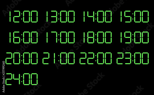 デジタル時計１２時 ２４時 背景ブラック緑文字 １時間ごと Webデザイン Uiデザイン グラフィック素材 Stock Illustration Adobe Stock