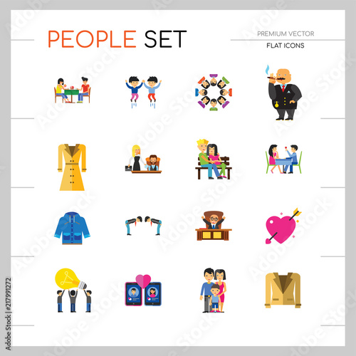 People Icon Set. Family Showing Respect Amour Symbol Couple On Park Bench Dating Team Dinner Friends Greeting Boss Director Common Idea Rich Person