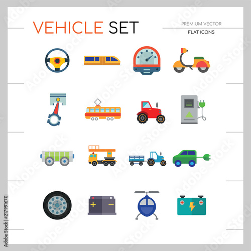 Vehicle icons set with helicopter, electrocart and trolley car. Thirteen vector icons
