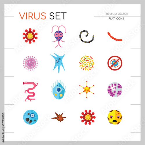 Virus icons set. Thirteen vector icons of influenza virus, coronavirus, adenovirus and other bacteria