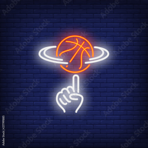 Basketball spinning on finger neon sign. Basketball, team game and sport concept. Advertisement design. Night bright colorful billboard, light banner. Vector illustration in neon style.