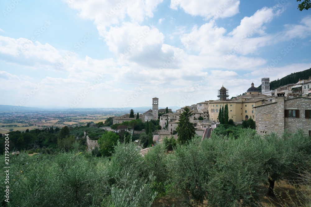 Assisi,Italy-July 28, 2018: View from Santa Chiara street, Assisi 