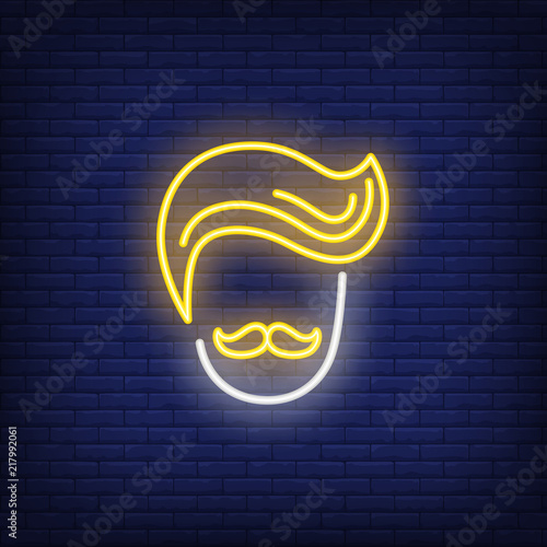 Hipster head neon sign. Barbershop, style and fashion concept. Advertisement design. Night bright colorful billboard, light banner. Vector illustration in neon style.