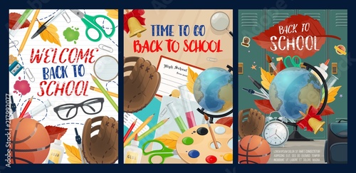 Time to school posters with supplies for education