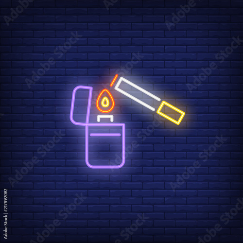 Lighter lighting up cigarette neon sign. Smoking, healthcare and addiction concept. Advertisement design. Night bright colorful billboard, light banner. Vector illustration in neon style.