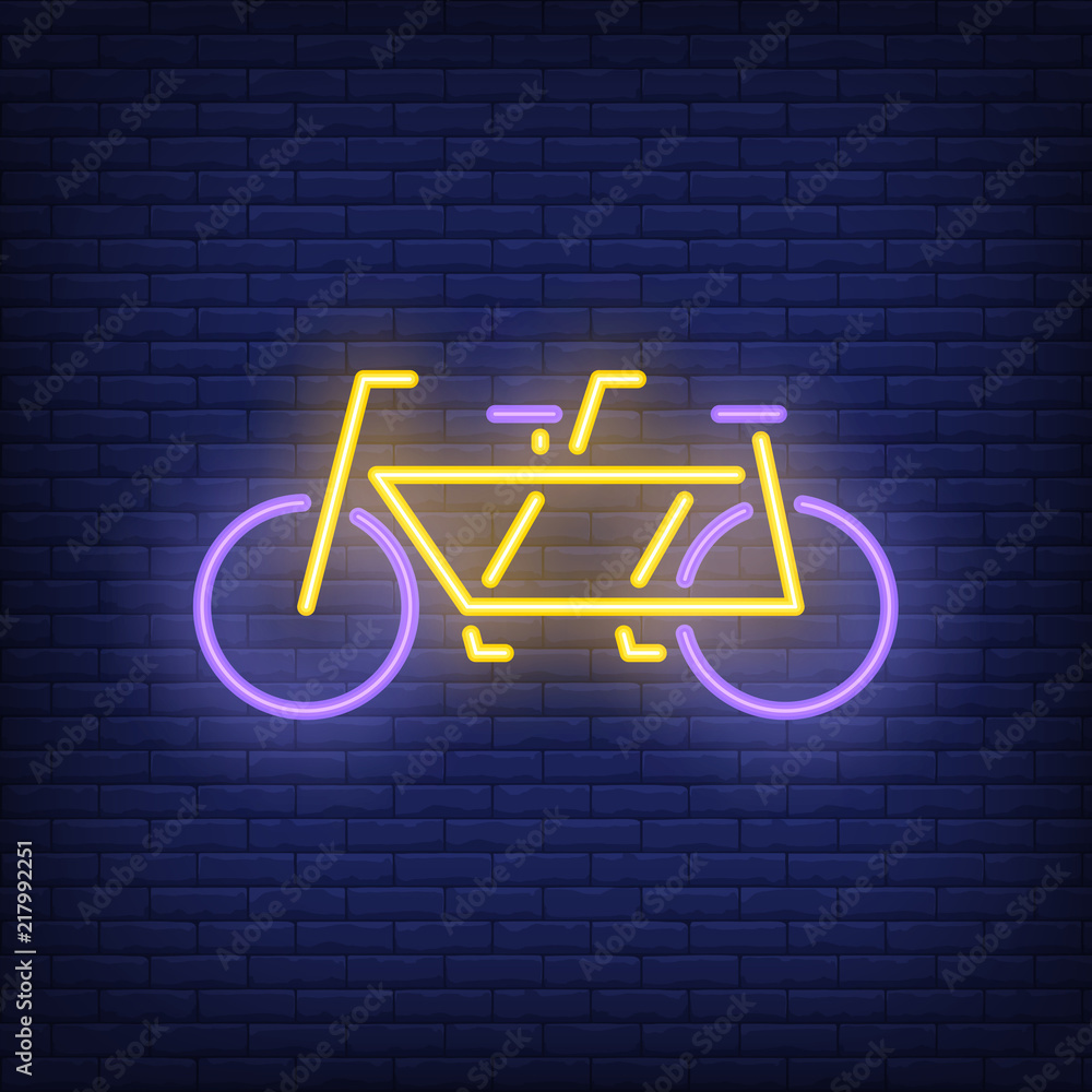 Tandem bicycle neon sign. Bicycling, fitness and sport concept