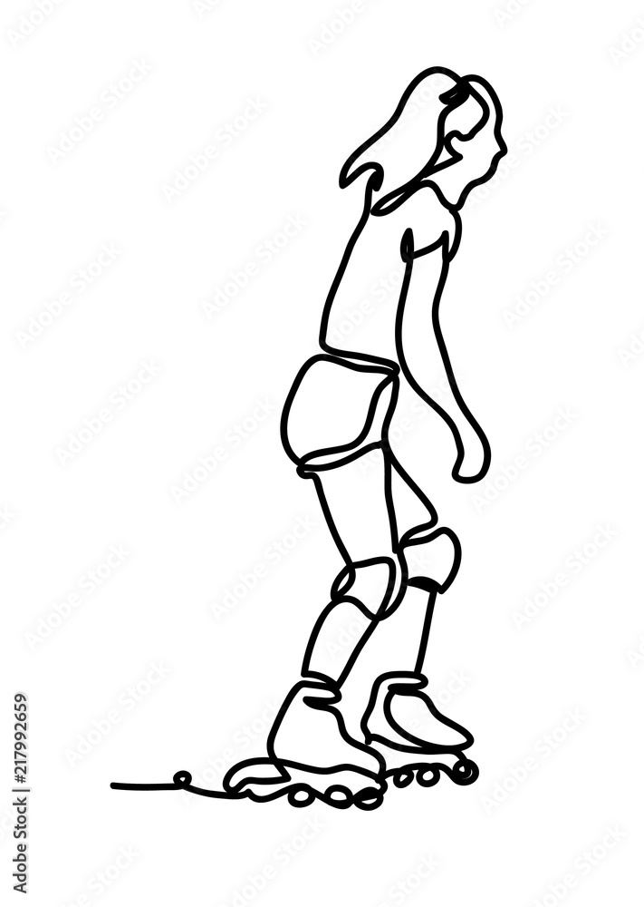 Girl on rollers. Continuous line drawing. Isolated on the white background. Vector monochrome, drawing by lines