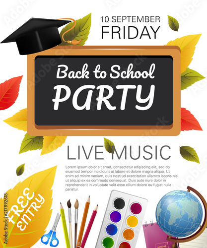 Back to school party flyer design with graduation cap, fall foliage and school supplies. Text can be used for leaflets, brochures, banners, posters