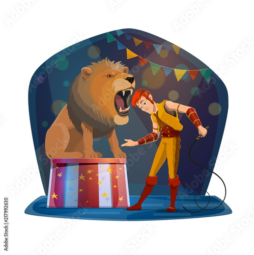 Lion with open mouth and handler on circus stage