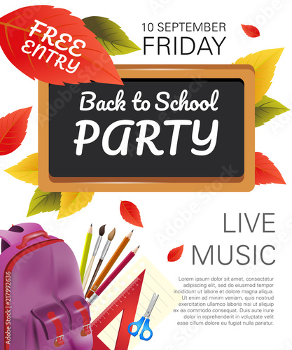 Back to school party flyer design with violet backpack, fall foliage and school supplies. Text can be used for leaflets, brochures, banners, posters