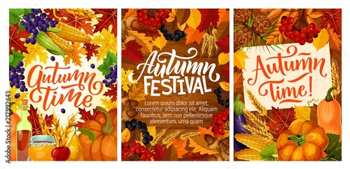 Fall fest posters with harvest and autumn leaves photo