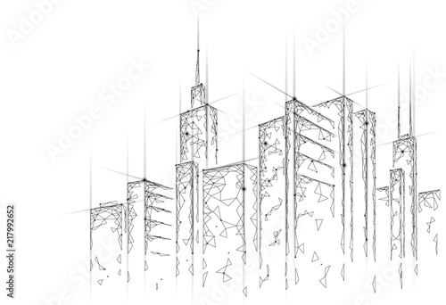 Low poly smart city 3D wire mesh. Intelligent building automation system business concept. Web online computer networking. Architecture urban cityscape technology sketch banner vector illustration