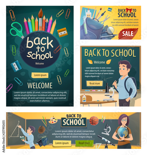 Back to school banners with stationery for lessons