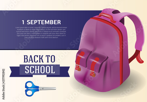 Back to school, first of September poster design with backpack and scissors. Text can be used for signs, brochures, banners