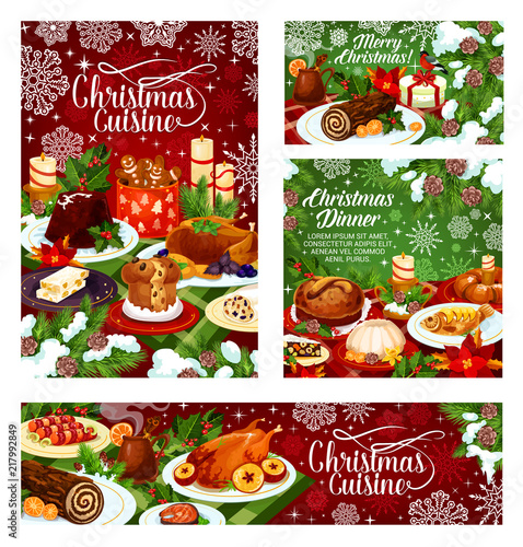 Christmas dinner banner of table with Xmas food