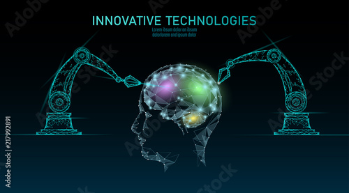 Low poly robot android brain machine learning. Innovation technology artificial intelligence human cyborg smart data. Virtual reality digital danger warning polygonal business technology concept.