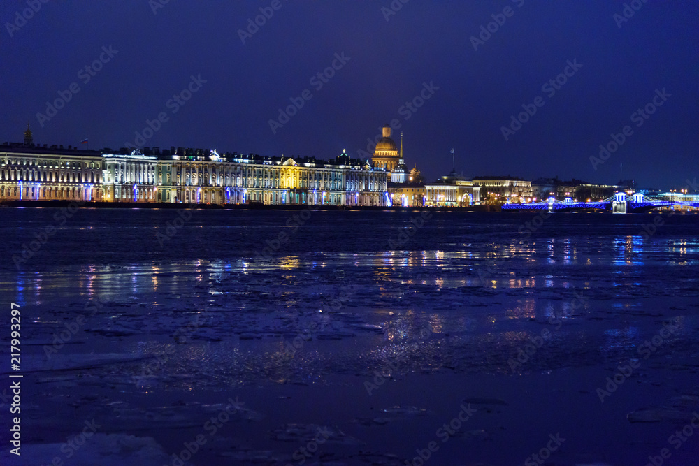 Palace Embankment and Hermitage at night. Saint Petersburg, Russia