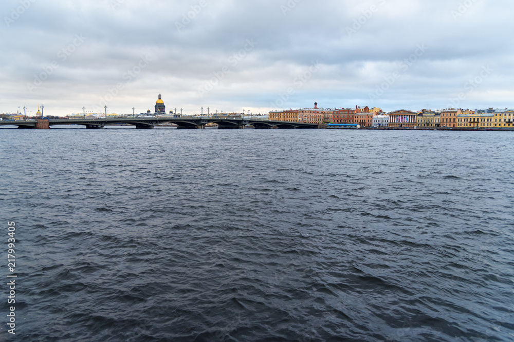 View of English Embankment and Annunciation Bridge. Saint Petersburg. Russia