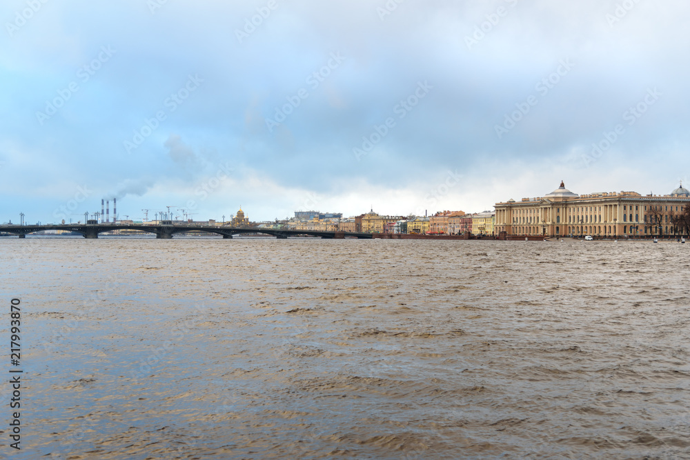 View of Universitetskaya Embankment and Annunciation Bridge. Saint Petersburg. Russia View of Universitetskaya Embankment and Annunciation Bridge. Saint Petersburg. Russia