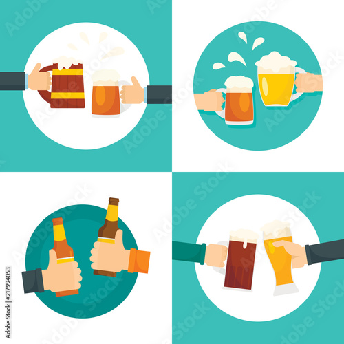 Beer cheers bottles glass craft mug drinking cheers banner concept set. Flat illustration of 4 beer cheers bottles glass craft mug drinking cheers vector banners for web