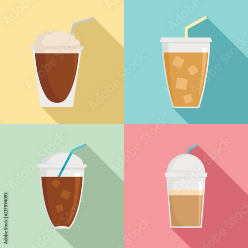 Ice coffee cream cold brew cup icons set. Flat illustration of 4 Ice coffee cream cold brew cup vector icons for web