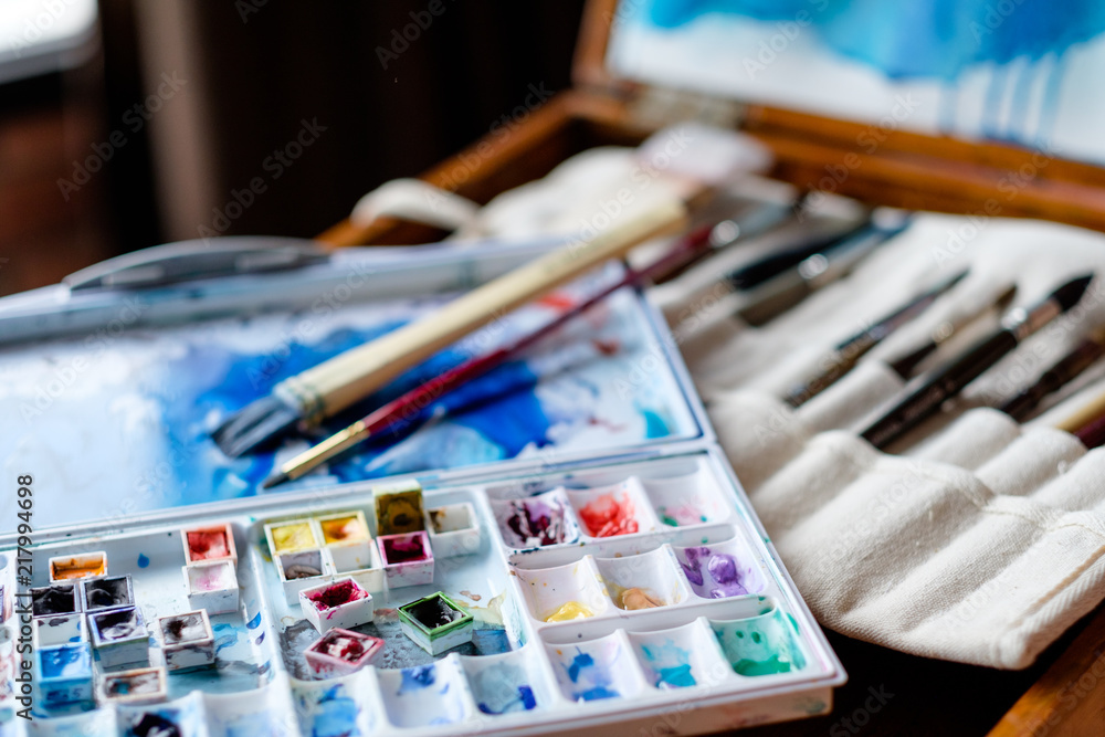 Fototapeta premium watercolor palette and brushes. artist tools instruments and inks for creative leisure. painting lessons concept