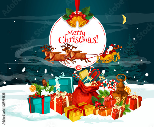 Christmas greeting card with Santa gift in snow