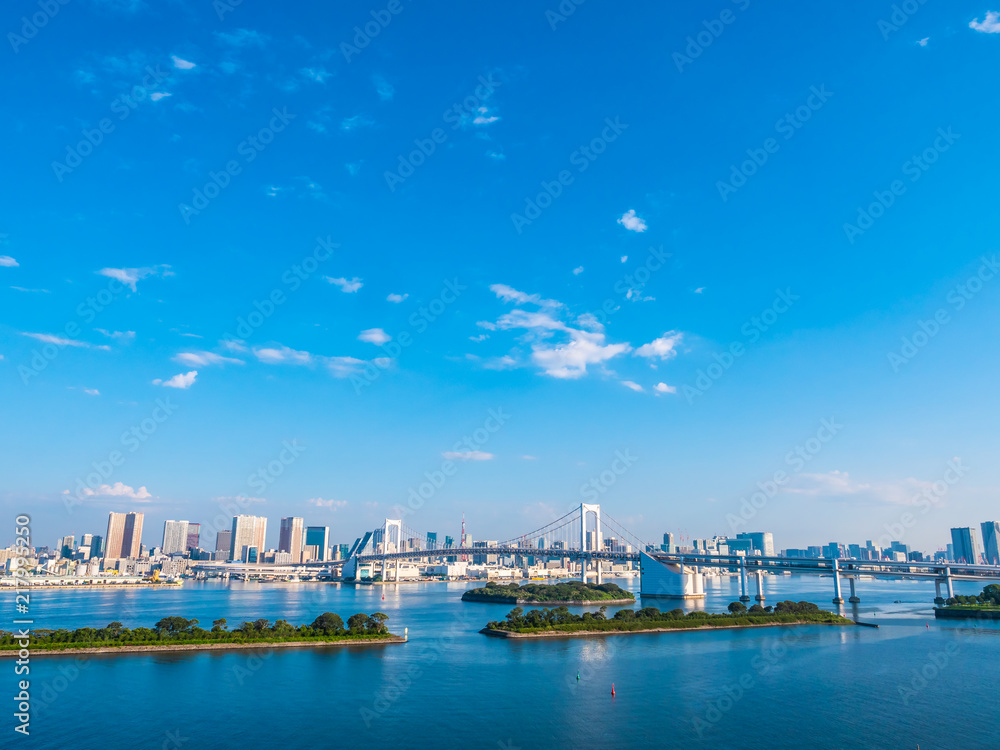 Beautiful cityscape with architecture building and rainbow bridge in tokyo city