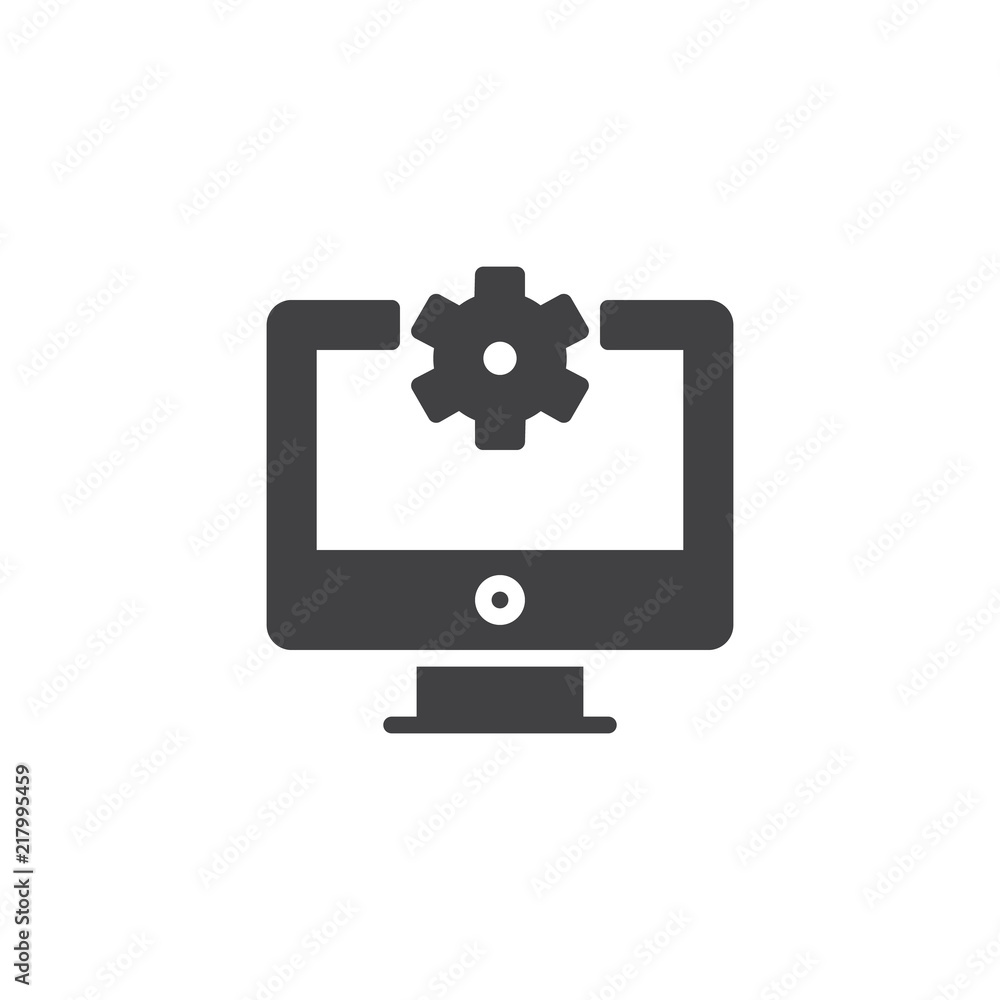 Repair Computer vector icon. filled flat sign for mobile concept and web design. Gear on display simple solid icon. Symbol, logo illustration. Pixel perfect vector graphics Repair Computer vector icon. filled flat sign for mobile concept and web design. Gear on display simple solid icon. Symbol, logo illustration. Pixel perfect vector graphics