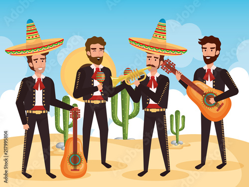 group mexican mariachis with instruments