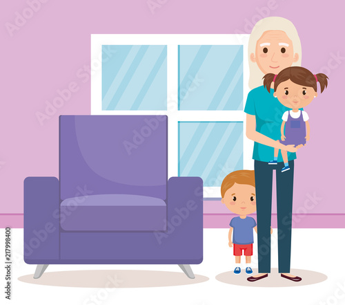 grandma and geandchildren in the livingroom