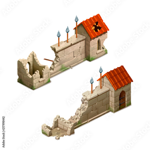 Bright cartoon gothic stockade, isometric gameobject on white