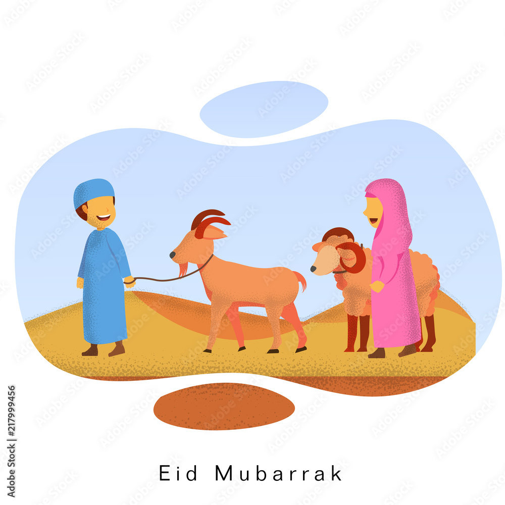Eid Adha Mubarrak Islamic Greeting Card Illustration Cute Child Cartoon With Sheep And Goat