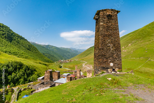 Svan towers - defensive stone towers, Ushguli, Mestia district, Georgia photo